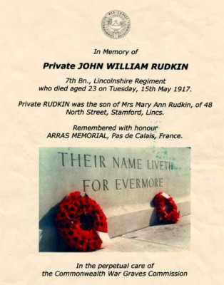 John Rudkin, Arras Memorial